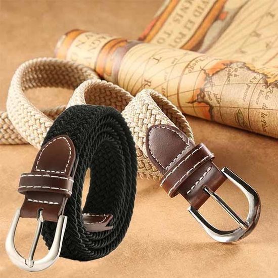 Ceinture en toile tressee pour homme et femme avec boucle en metal 100 cm Noir Beige Cdiscount Pret a Porter