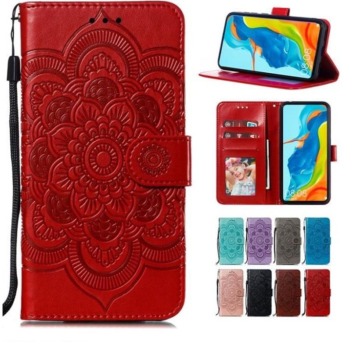 Coque Huawei P Smart (2020), Mandala Fleur Folio Cuir Porte-cartes avec Support et Dragonne Antichoc Protection (Rouge)
