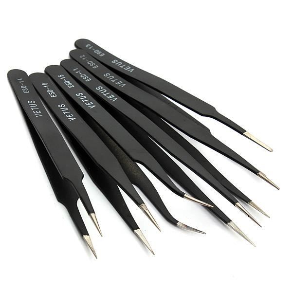 6PCS Brucelles Pincette Pince Antistatique Métal Courbé Droit Pincette