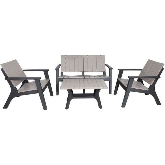 Salon de Jardin Chillvert Siros en Résine 1 Canapé 2 sièges 2 Fauteuils et 1 Table Beige Gris et Noir