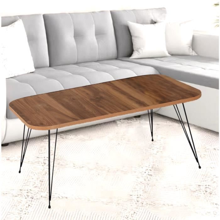 Table Basse Plateau MDF Marbre et Pieds métalliques scandinave 90x50x42 cm (Chêne)