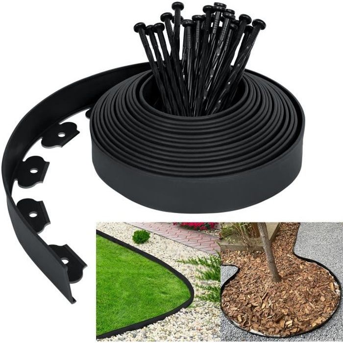 LARS360 Bordure de Pelouse Flexible en Plastique Avec 30 Chevilles de Sécurité Pour Ancrage, Longueur 10 m, Hauteur 5 cm (Noir)