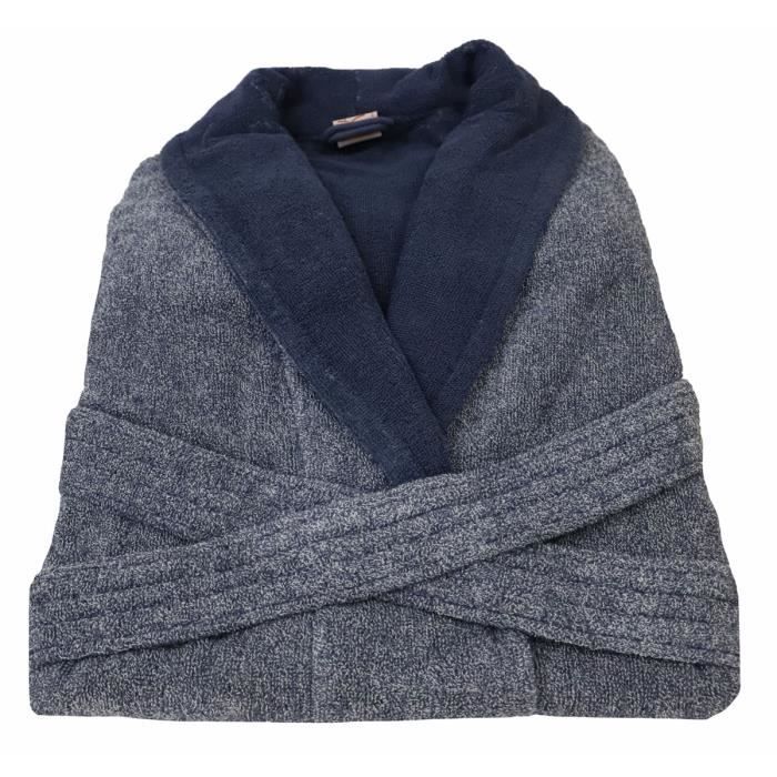 LINANDELLE - Peignoir homme en coton bouclette éponge rasée BICOLORE - Bleu gris - Adulte Homme - XL