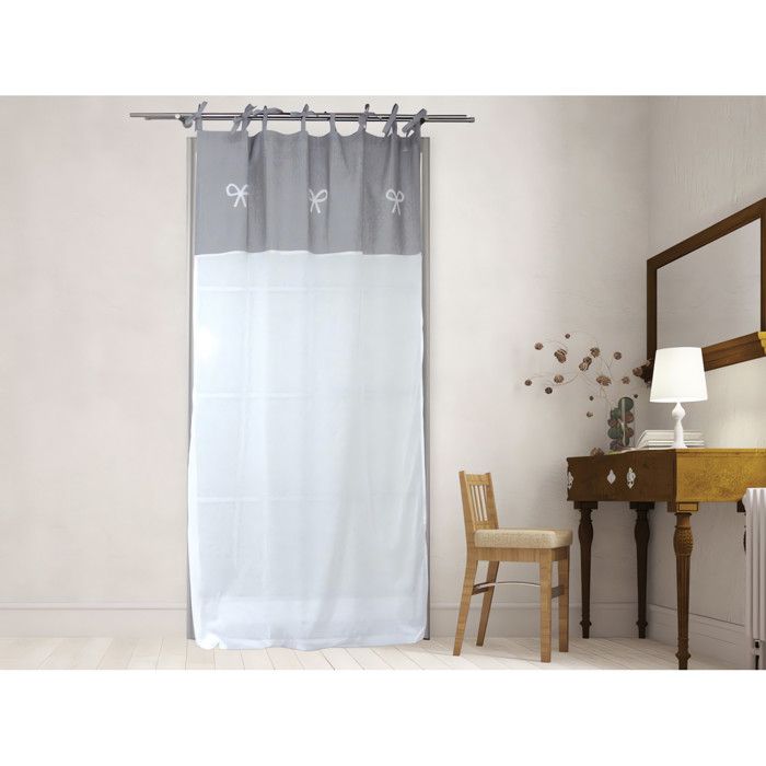 SOLEIL D'OCRE Voilage à nouettes brodé Emilie 100% coton 140x200 cm blanc et gris