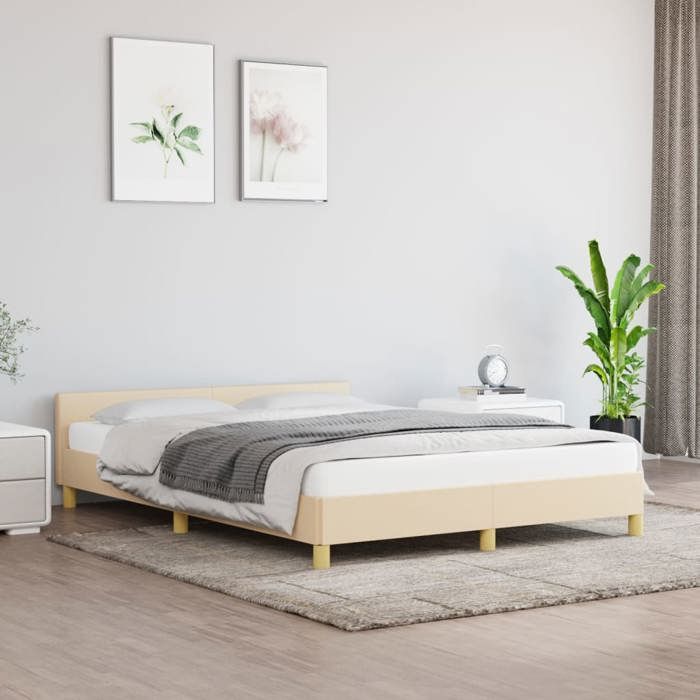 CHIC Lit Double 2 Personnes Cadre de lit avec tête de lit Crème 140x190 cm Tissu Design22212