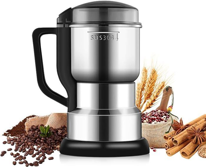 Moulin électrique Multifonction 500W - Capacité 600 Ml - 3 Lames Acier Inox Amovibles - Pour Café, épices, Noix, Céréales - 1
