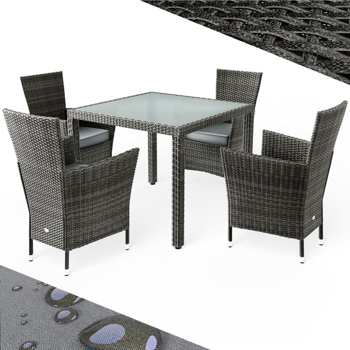 CASARIA® Salon de jardin gris 4 places table de jardin chaises empilables avec coussins plateau de table en verre trempé