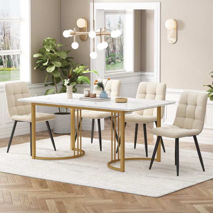 Ensemble Table et Chaises Salle a Manger 140x80cm Table a Manger avec 4 Chaises Chaises en Velours Beige Pieds de Table Dorés