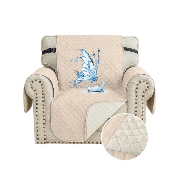 YSTELLAA Couvre Canapé 1 Place Imperméable Universelle Housse Fauteuil Antidérapante Avec Poches Beige