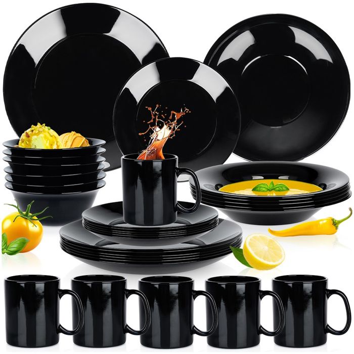 Set de table 30 pièces - Vaisselle en verre opale - 6 bols 6 tasses 6 assiettes - Noir