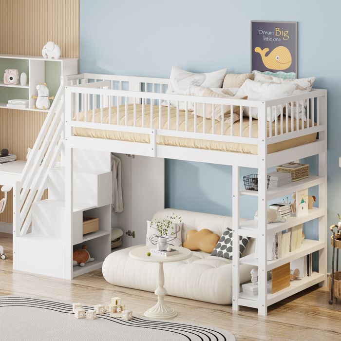 Lit mezzanine 90x200 avec échelleclôture haute et armoire lit enfant 90x200 avec étagèresespace de rangementsommierpinblanc