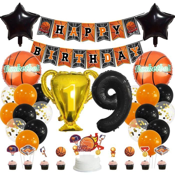 Kit De Décoration DAnniversaire De 9 Ans - Bannière Happy Birthday - Trophée - Ballon En Aluminium - Ballon De Basket -