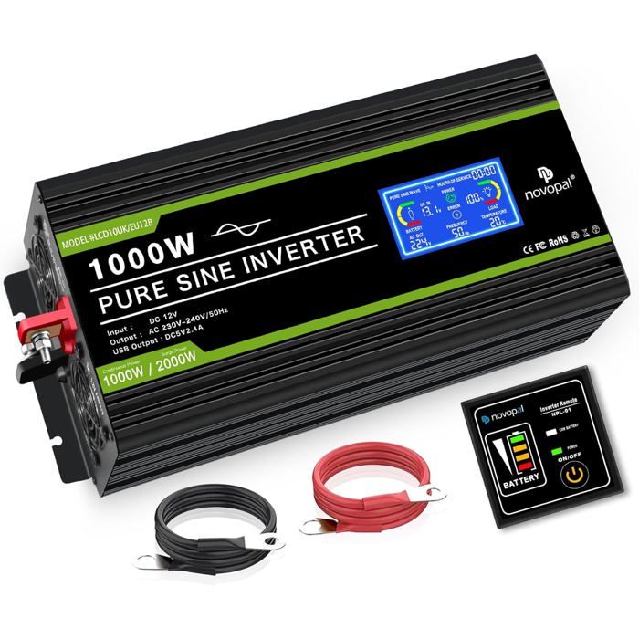 Onduleur 12V Vers 220V Pur Sinus 1000W/2000W - 1 Prise EU + 2 Ports USB - Pour Voiture, Camping, Urgence