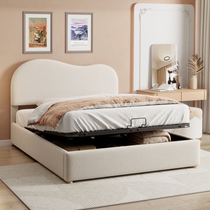 Lit 90x200 cm en sherpa blanc avec matelas 7 zones ports USB et Type‑C LED intégrée et 2 tiroirs (avec matelas)