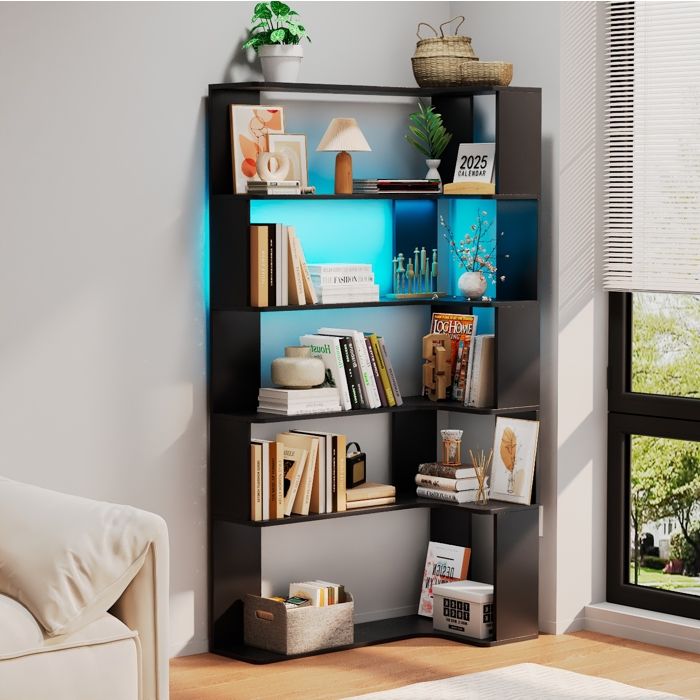 Bibliothèque triangle à 5 Niveaux-Étagère dangle avec LED-Meuble de rangement Ouvert-Pour Salon Bureau Chambre-90x48x169cm-Noir