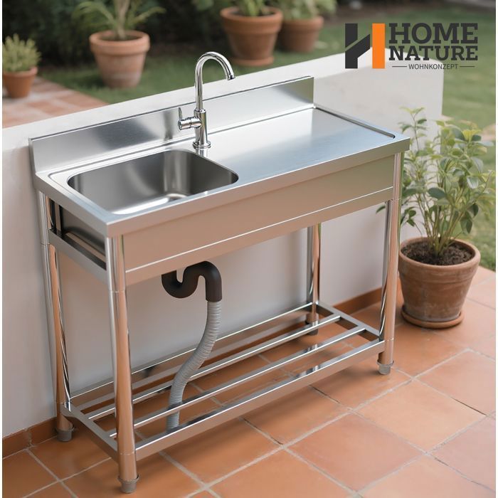 Évier Extérieur de Cuisine Indépendant sur Pied – 1 Bac en Inox – Bac à Gauche – Avec Robinet et Étagère – 100 x 50 x 90 cm