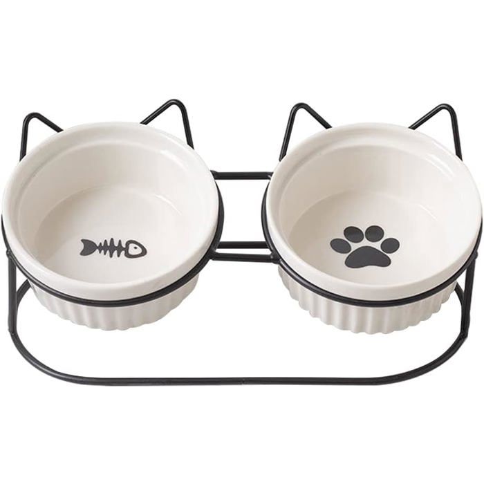 Gamelles Surélevées pour Chat Bol Double pour Chat Déjeuner Céramique(2x400ml)pour Nourriture/Eau (Blanc - Noir)