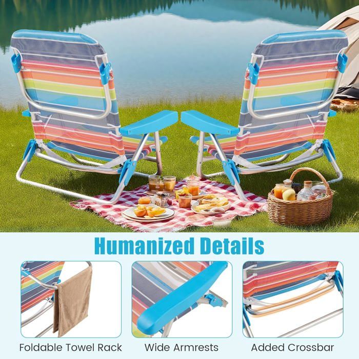 GIANTEX Lot de 2 Chaises de Plage Pliante avec Dossier Réglable à 5 Positions Accoudoirs Sangle de Transport Cadre en Aluminium