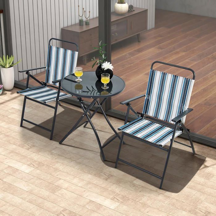 GIANTEX 3 PCs Salon de Jardin Pliable-2 Chaises en Textilène et 1 Table Basse en Verre Trempé-Cadre Métallique-pour Jardin/Terrasse
