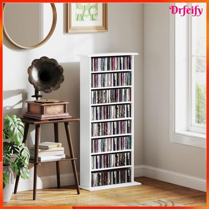Étagère de rangement CD/DVD - AKOZON - 11347 - 8 compartiments - 6 étagères réglables - Capacité 360 CD/185 DVD