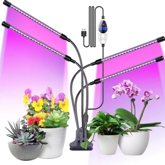 Lampe de croissance pour plantes - PZCC - 80 LED - Spectre complet - 80W - 4 têtes - Col de cygne flexible