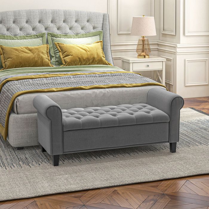 Banc capitonné banc de lit banc dassise aspect velours banc dentrée avec espace de rangement pour chambre gris 126x485x47 cm