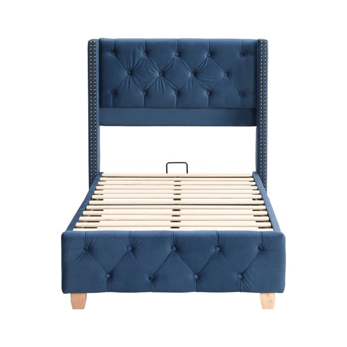 Lit capitonné velours - 90x200 cm - Bleu - Sommier à lattes - Tête et pied boutonnés