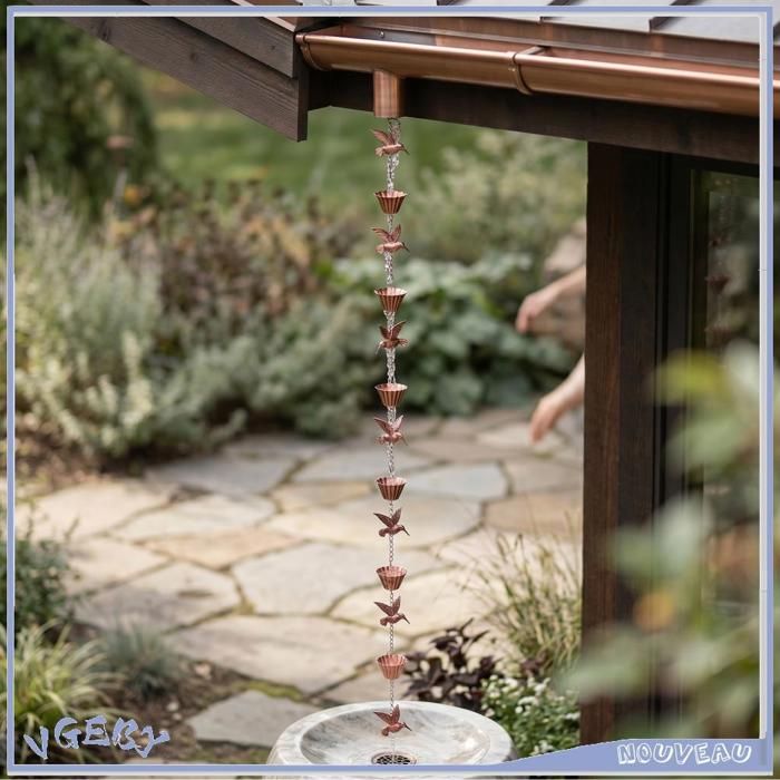 Duokon Chaîne de Pluie en Métal avec 7 Tasses 8 Décorations Oiseaux pour Jardin et Balcon