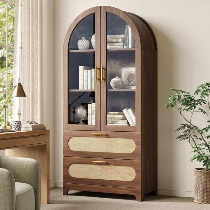 Vitrine armoire verre 80x40x175cm Meuble de rangement Buffet haut bibliothèque Style rétro avec 2 portes 2 tiroirs - noyer
