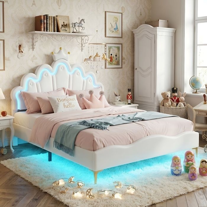 Lit enfant 140x200cm - Design Couronne Nuage - Double LED RGB - Tête réglable - En Similicuir PU Blanc