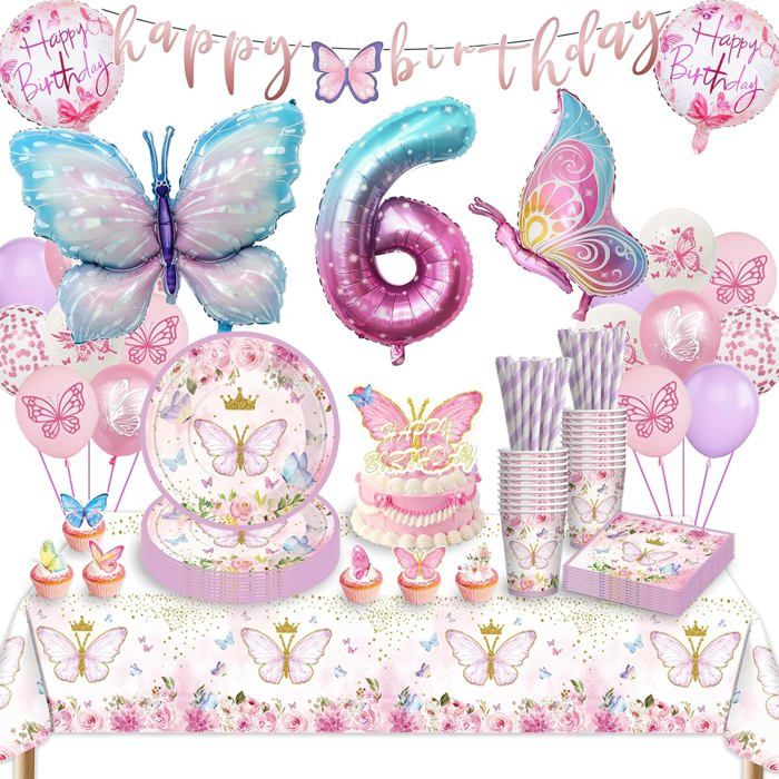 Kit déco anniversaire papillon pour fille 6 ans - Vaisselle fête: assiettes gobelets serviettes nappe ballons - Pour 16 invités