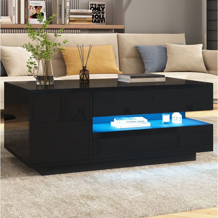 Table basse relevable noire laquée 95 x 50 x 40 cm avec LED tiroir armoire et rangements cachés