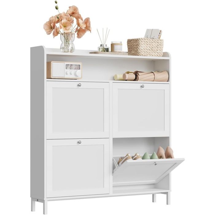 WOLTU Meuble à Chaussures Armoire à Chaussure à 4 Portes Abattantes Compartiment Ouvert Meuble dEntrée Blanc WOLTU Meuble à Chaussures Armoire à Chaussure à 4 Portes Abattantes Compartiment Ouvert Meuble dEntrée Blanc