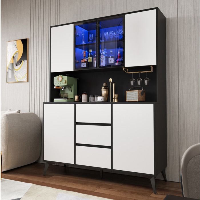 Buffet Haut MDF Noir Blanc Vaisselier Moderne FloraGrace Pour Cuisine LED Réglable Par Appli 120x40x160cm