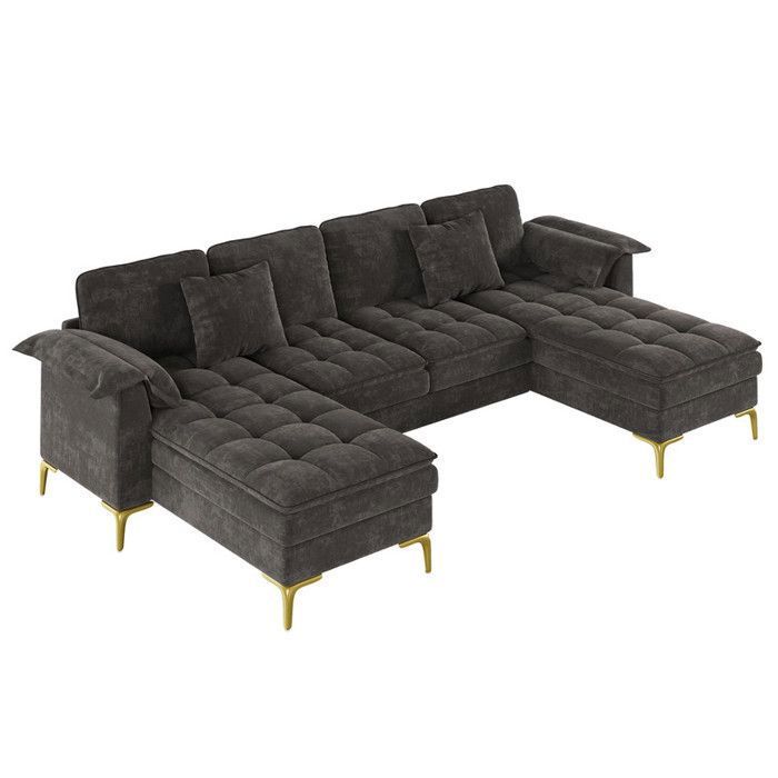 Canapé en U Modulaire 4 Places 262X134X86cm Style Nuage Tissu Chenille Gris Double Coussinage 2 Méridiennes Pieds Dorés Salon