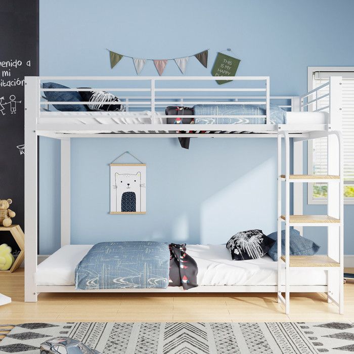 Lit superposé en métal lit enfant 90 x 200 cm lit double robuste avec étagère en bois pour enfants et adolescents blanc