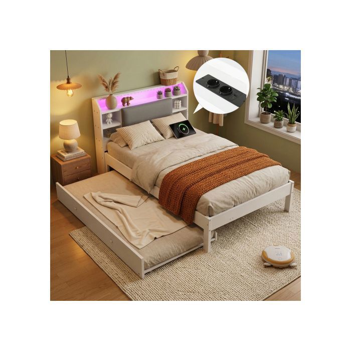 Lit gigogne - WESTYLE - Lit gigogne - 140x200 cm - LED intégrée - Ports USB & rangements