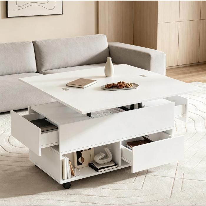 Table basse relevable blanche 100 x 50 x 52 cm 4 tiroirs roulettes rangement intégré