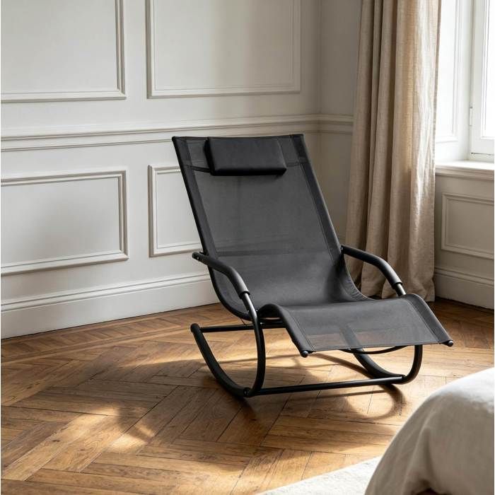 Fauteuil à Bascule Extérieur Intérieur avec Accoudoirs - HAVRYA - Textilène métal noir 62 × 150 × 84 cm