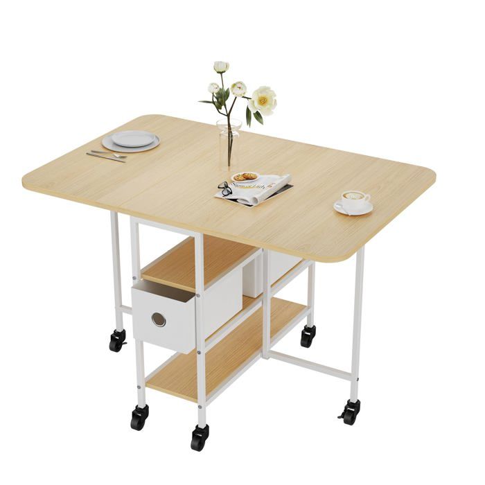 Table à Manger Pliante Table avec 2 Plateaux Rabattables 2 Étagères et 1 Tiroir 115 x 80 x 76 5 cm effet bois naturel