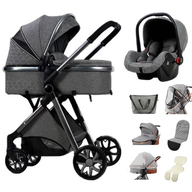 Poussette bébé pliable 3 en 1 siège auto nacelle landau légère nouveau né luxueuse voyage sécurité roues increvable noir + 6 cadeaux