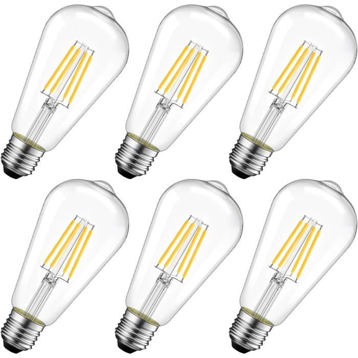 8W Ampoule LED Filament E27 ST64 Ampoule Edison Equivalent à Ampoule Incandescente 60W 2700K Blanc Chaud Lot de 6