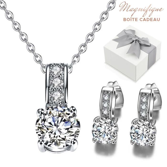 parure bijoux femme chic baignée dans l'or blanc. coffret cadeau fourni. cadeaux pour noël, nouvel an, anniversaire marque