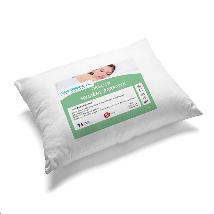 ALPES BLANC  - Lot de 2 oreillers anti-acariens 45x70 cm Fabrication fran&ccedil;aise - Triple action antibact&eacute;rien/acariens/moisissures 