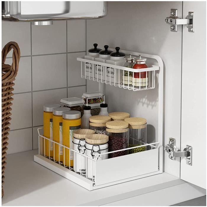 Organisateur Coulissant En Métal Pour Placard - 2 Étages - 41x15,3x16 Cm - Pour Cuisine, Salle De Bain, Garde-manger