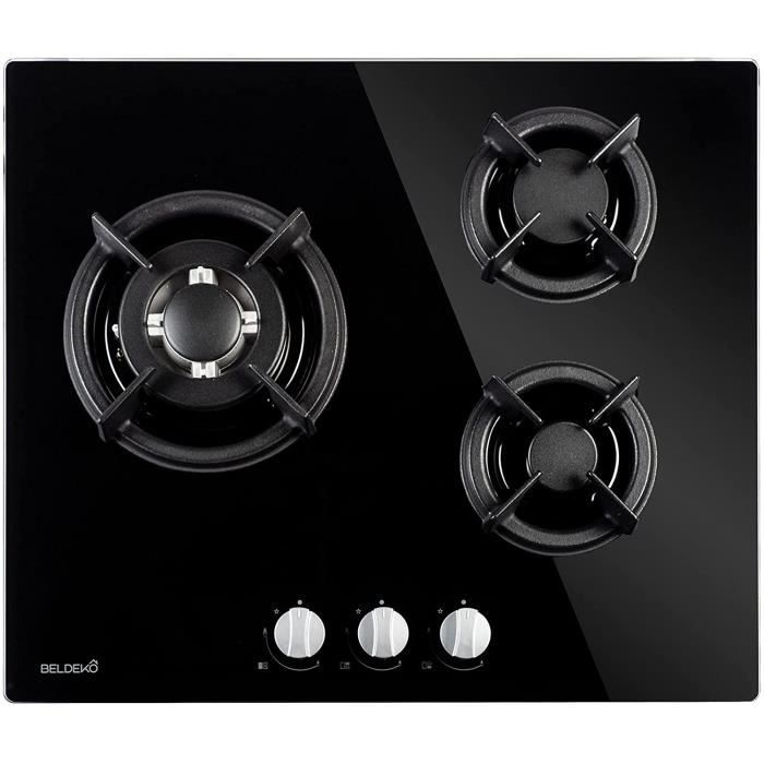 Plaque de cuisson Gaz verre noir 3 foyers BELDEKO Gaz ville et