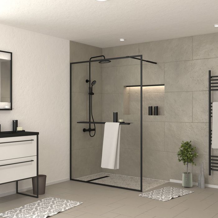 Paroi de Douche Noir Mat 140x200cm - Porte-serviette et étagère - DARK CONTOURING SHELF Paroi de Douche Noir Mat 140x200cm - Porte-serviette et étagère - DARK CONTOURING SHELF