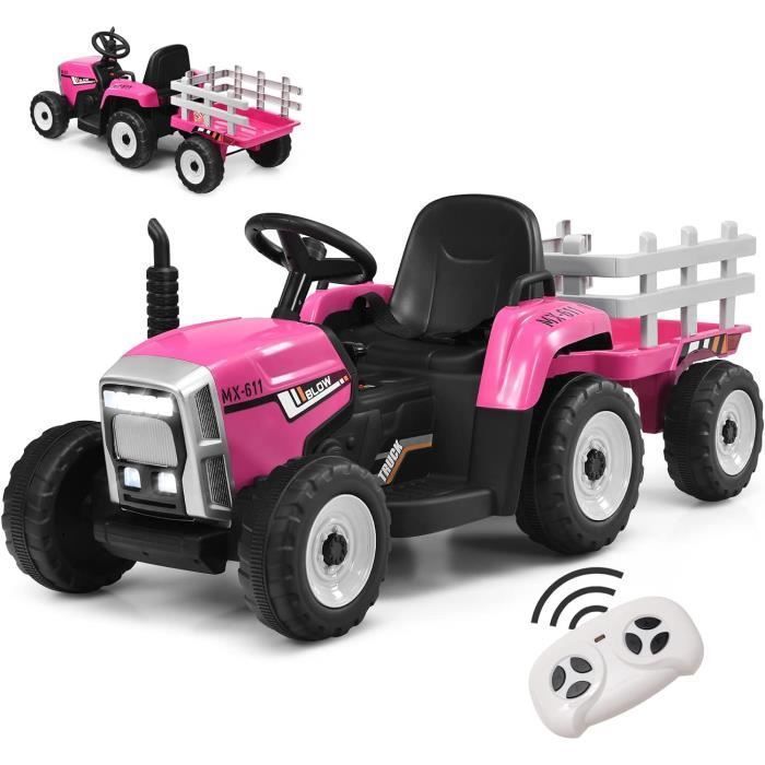 Costway tracteur avec remorque electrique pour enfants 12 v avec t&eacute;l&eacute;commande 2,4g - 3 vitesses