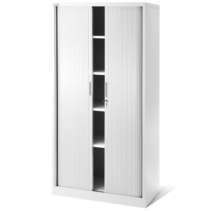 Armoire Rideaux de Bureau métallique 4 étagères Porte roulante tôle dacier verrouillable 185 cm x 90 cm x 45 cm (Blanc)