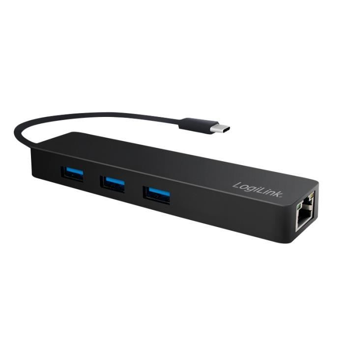 LogiLink UA0313, USB 3.0 (3.1 Gen 1) Type-C, RJ-45,USB 3.0 (3.1 Gen 1) Type-A, 5000 Mbit-s, Gigabit Ethernet, Noir, 319 mm